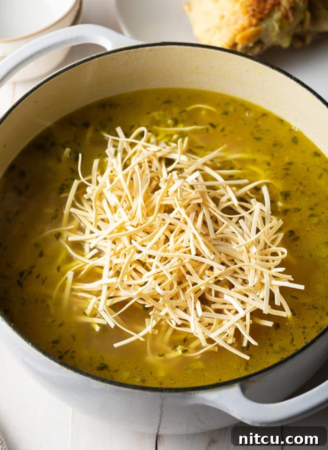 Kluski egg noodles gently being added to the rich, golden broth of homemade chicken noodle soup.