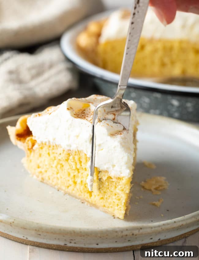 Luscious Tres Leches Pie 12 A perfectly sliced piece of creamy Tres Leches Pie on a white plate, served with a fork, showing off its rich layers.