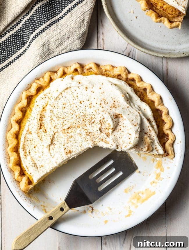 Luscious Tres Leches Pie 4 An overhead shot of a whole Tres Leches Pie with a golden, crimped crust, generously topped with whipped cream and a dusting of cinnamon, ready for slicing.