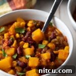 Healthy Three Sisters Butternut Squash Chili Recipe, a delicious vegetarian option for fall.