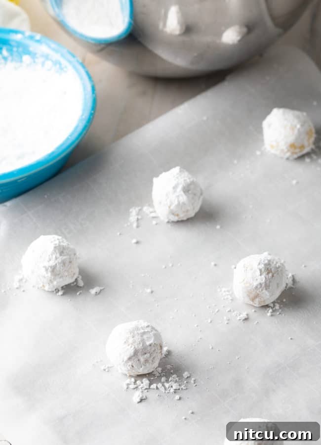Zesty Lemon Crinkles 8 Cookie dough balls, generously coated in powdered sugar, neatly arranged on a parchment-lined baking sheet.