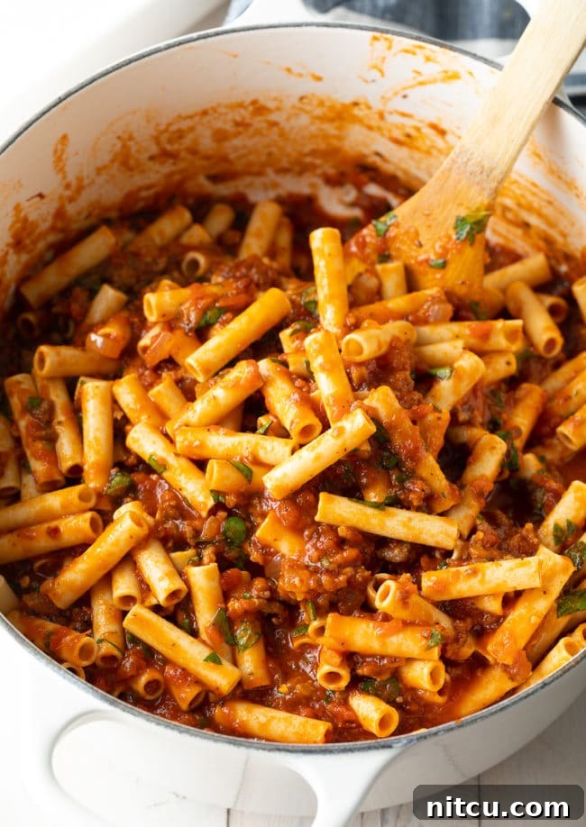 Italian-food-prep Mixing ziti into meat sauce in a large pot before layering