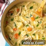 A heartwarming bowl of Easy Chicken and Dumplings, featuring tender chicken and fluffy noodles in a rich, creamy broth. Perfect comfort food for any meal, adaptable for stovetop, crockpot, or instant pot cooking methods.