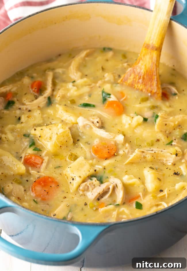 A top-down view of a large pot brimming with hearty chicken and dumplings in a rich, thick broth, with a wooden spoon ready to serve.