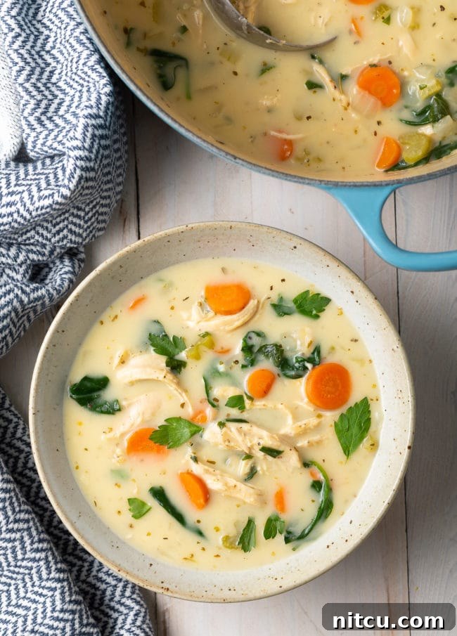 An overhead shot of a bowl of creamy chicken soup, with the large pot of soup visible in the background, suggesting abundance.