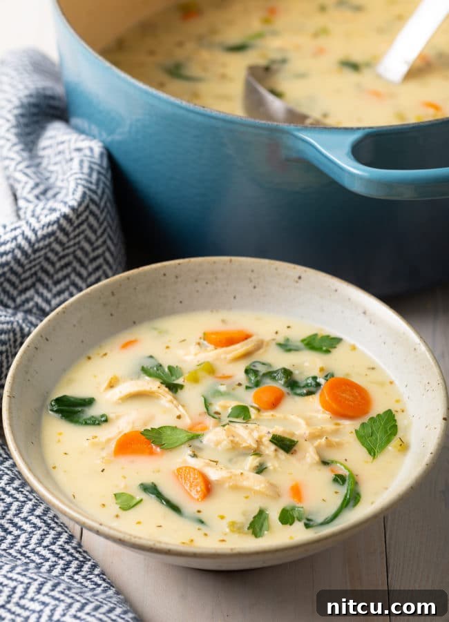 A beautiful speckled bowl filled with creamy lemon chicken soup, garnished with fresh parsley. A blue Dutch oven sits in the background, hinting at more delicious soup.