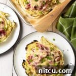 Irish Roasted Cabbage Low Carb Pizza Recipe: Roasted Cabbage Steaks piled high with Irish flavors! A 6-ingredient keto pizza concept that's easy to make and totally irresistible!
