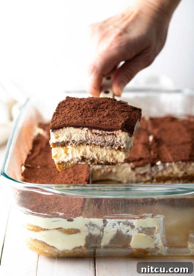 Espresso Pick-Me-Up Delight 13 A hand gently holding a spatula with a perfect piece of easy tiramisu cake, ready to be served, with the main dessert in the background.