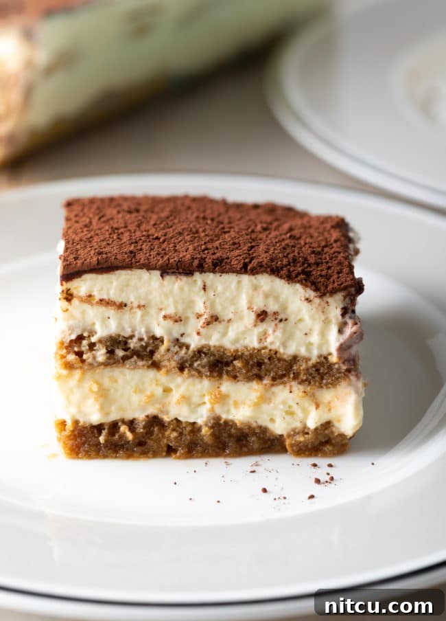 Espresso Pick-Me-Up Delight 4 A pristine slice of Tiramisu presented beautifully on a white plate, highlighting its distinct layers and cocoa dusting.