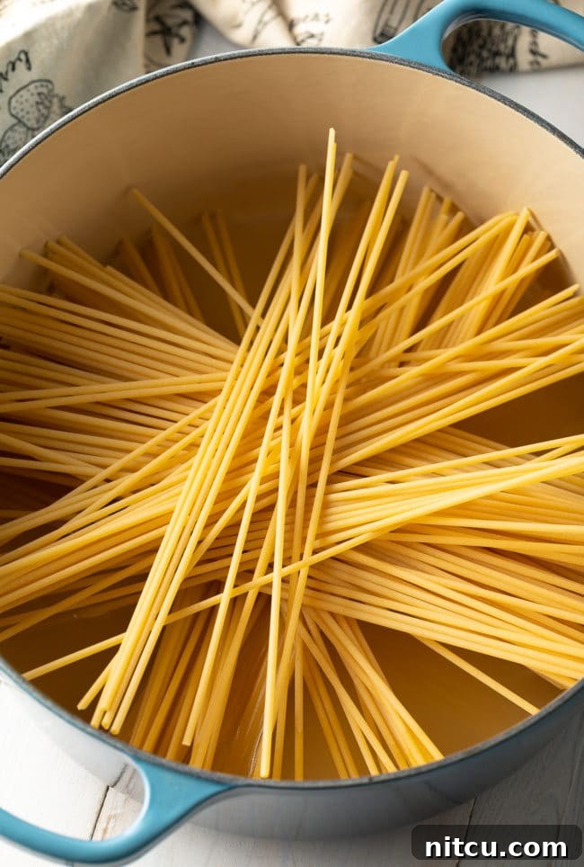 Dried bucatini pasta in a pan, awaiting broth for cooking.
