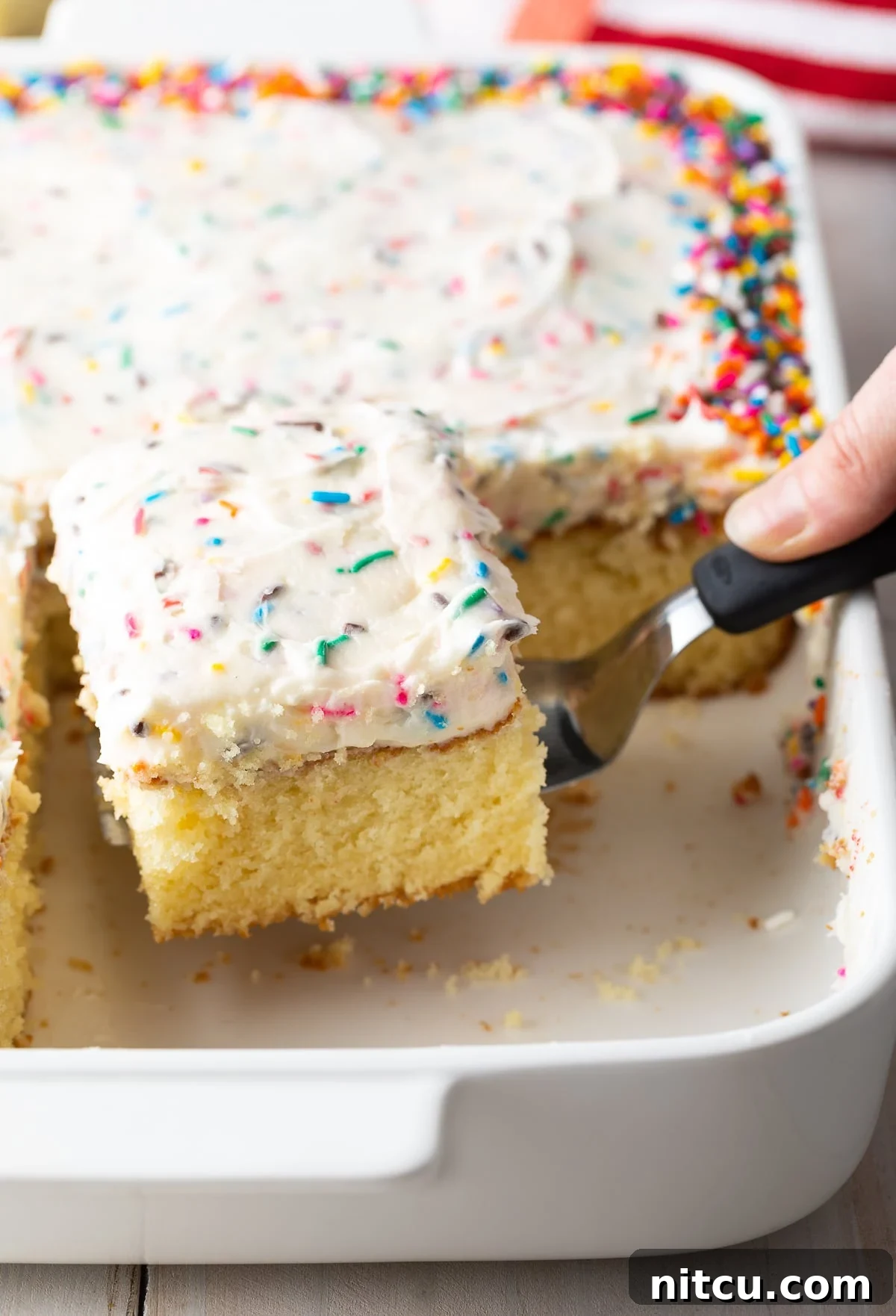 Fluffy Vanilla Cake From Scratch 11 A hand holding a spatula, lifting a perfect piece of vanilla cake out of the baking dish.