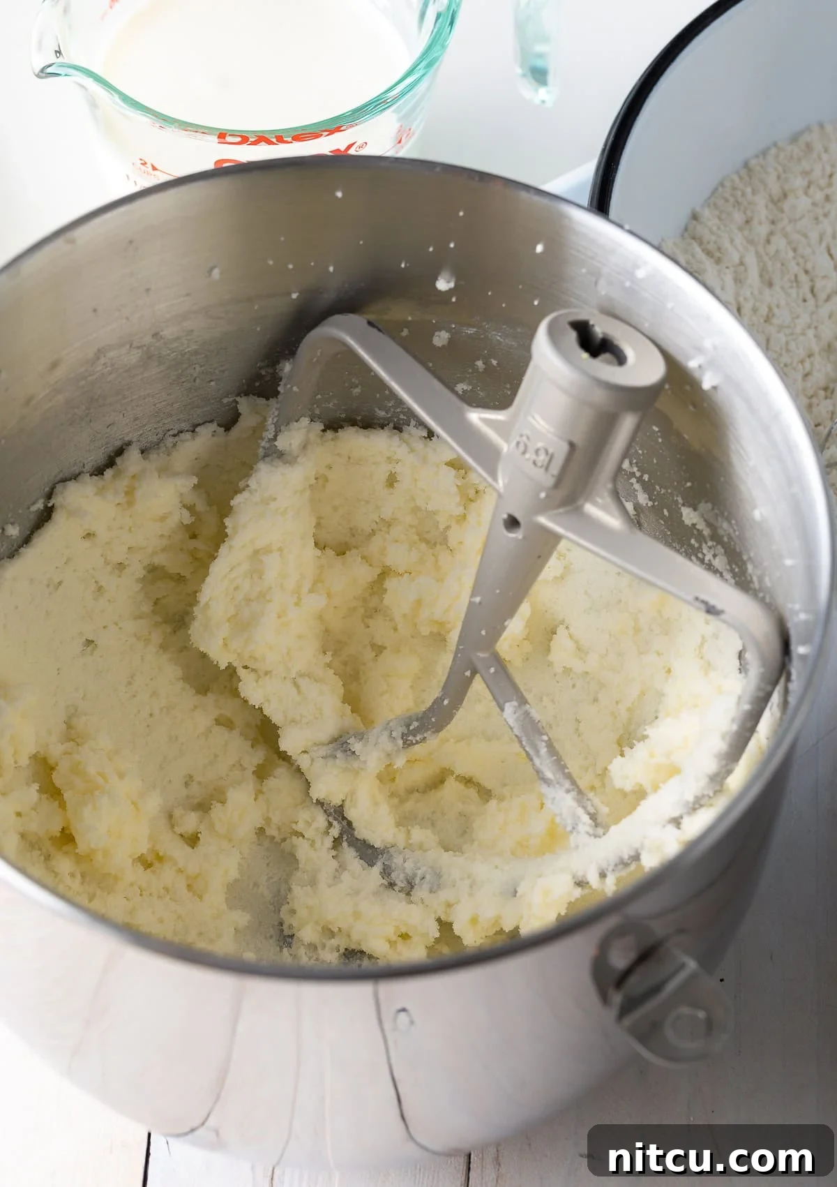 Fluffy Vanilla Cake From Scratch 6 Creamed butter and sugar showing a light and fluffy texture.