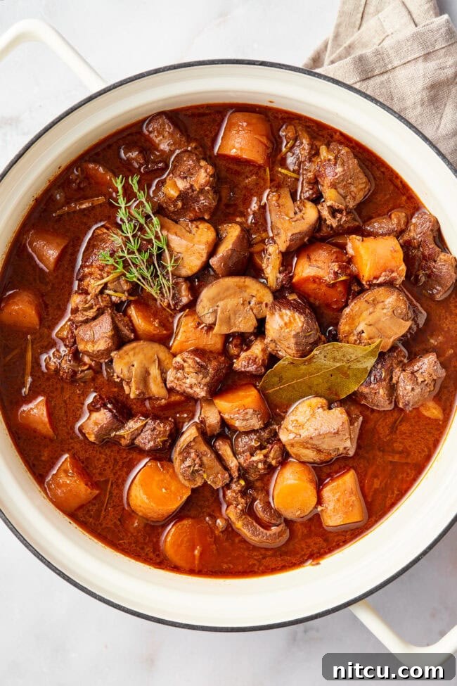 Venison Bourguignon 5 pot of venison bourguignon overhead shot with herbs