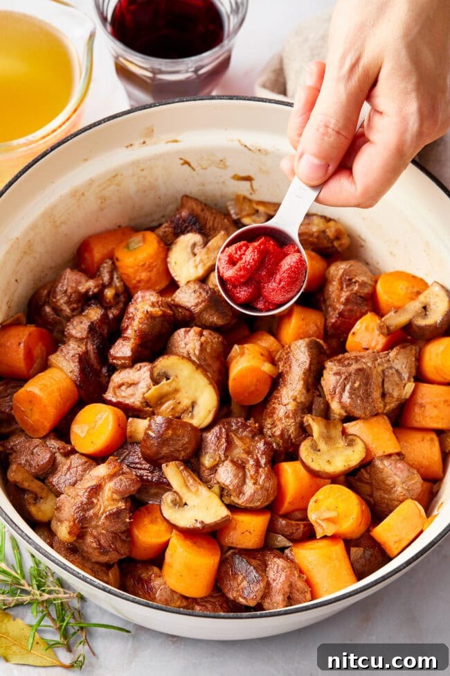 easy-venison-recipes.jpg Deer Stew Recipe in a dutch oven with tomato paste added