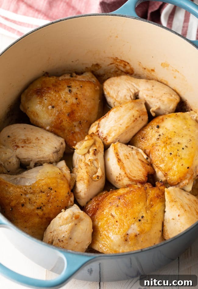 Nana's Masterpiece Chicken and Rice 7 Browned chicken pieces sizzling in a pot, ready for the next step of the recipe.