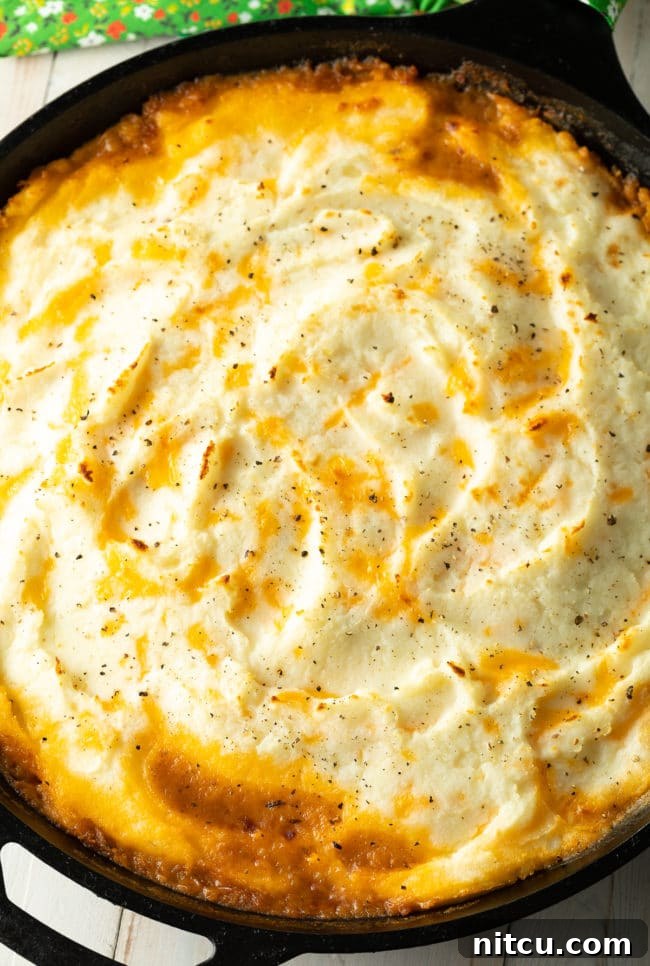 Freshly baked Cottage Pie in a cast iron skillet, hot out of the oven, with a crispy golden mashed potato crust and bubbling filling.