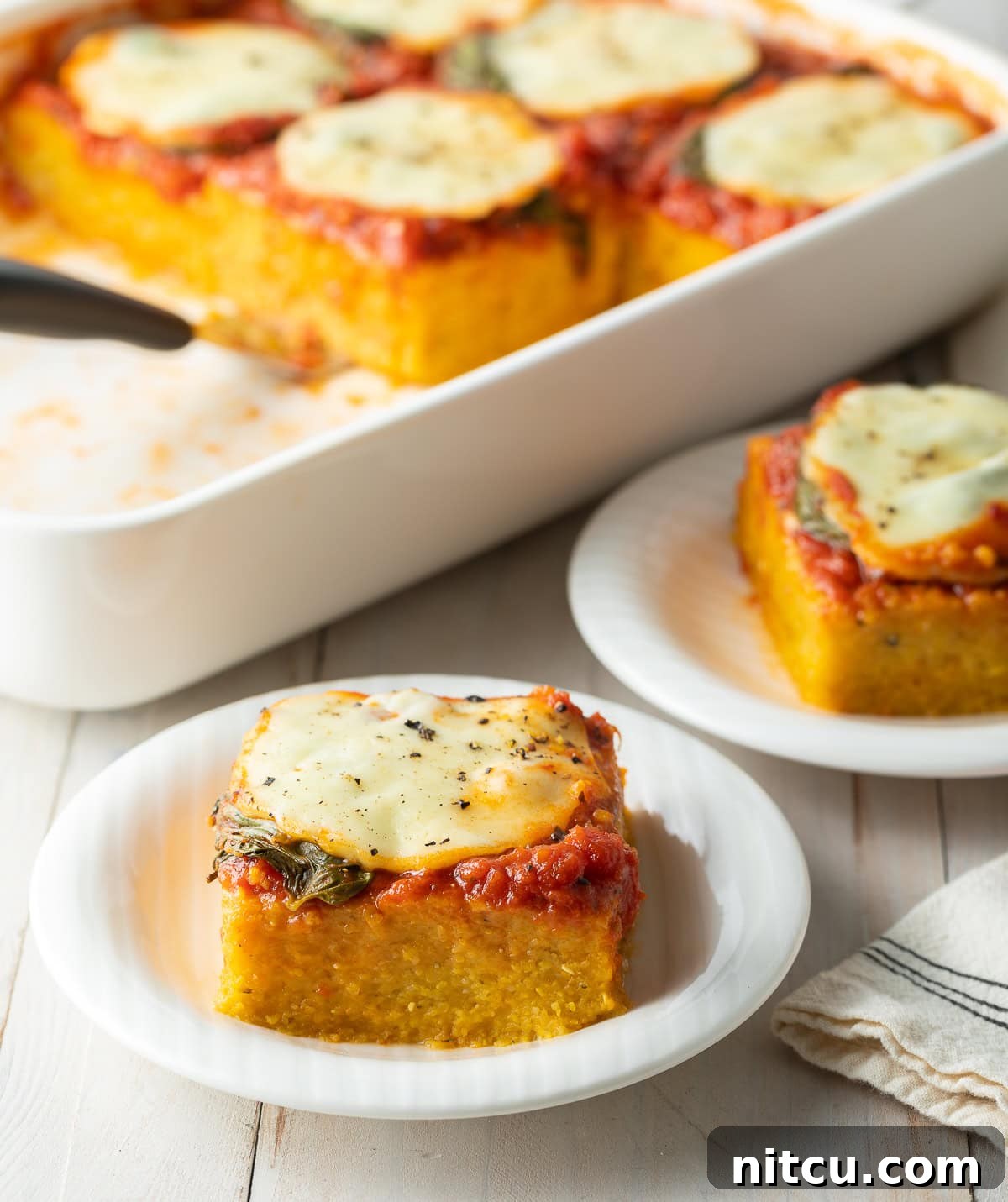Golden Polenta Bake 2 A baking dish filled with golden-baked polenta, topped with rich marinara sauce, fresh green basil leaves, and thick slices of melted mozzarella cheese. A perfect square of Margherita baked polenta sits ready to serve on a white plate in the foreground.