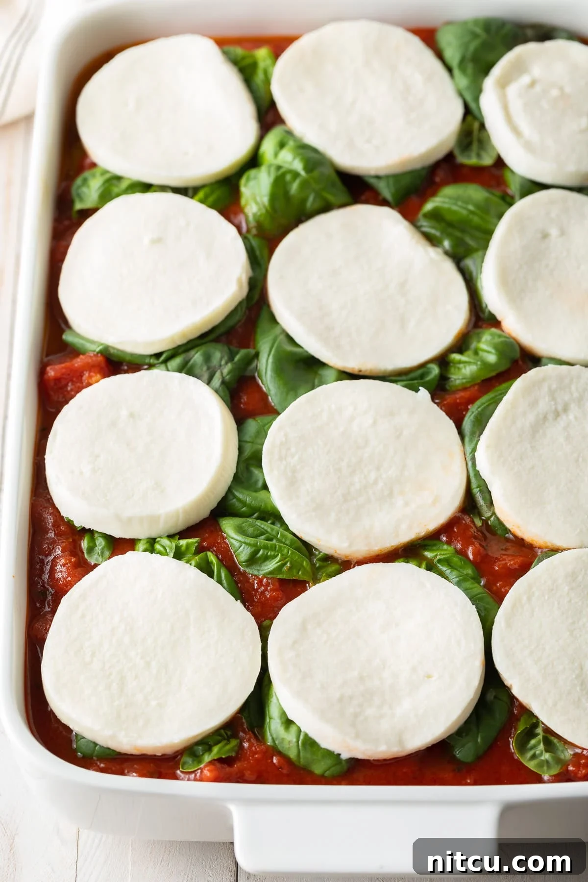 Golden Polenta Bake 7 A top-down view of a baking dish, showcasing the firm baked polenta base topped with vibrant uncooked marinara sauce, fresh basil leaves, and generous slices of fresh mozzarella, ready for the final bake.
