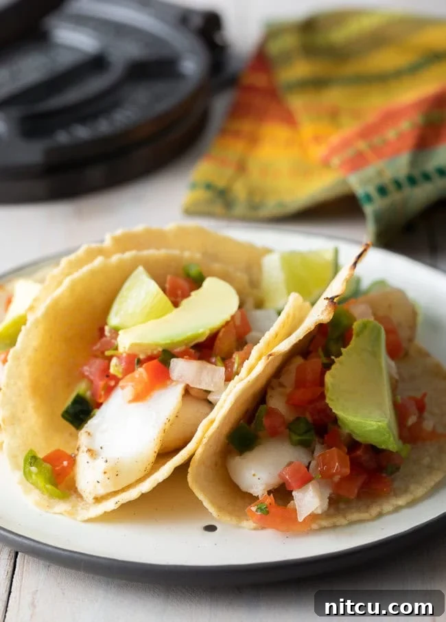 Delicious chicken tacos, generously filled with fresh salsa and creamy avocado, served on a warm, homemade corn tortilla.
