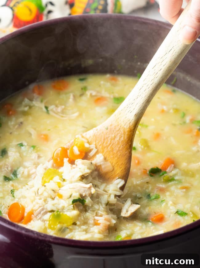 Velvety Chicken and Rice Soup 7 A wooden spoon stirring a pot of creamy chicken and rice soup, showing its rich texture.