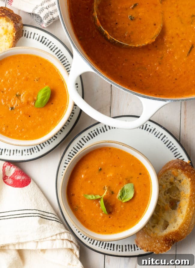 Velvety Roasted Tomato and Basil Soup 3 Two elegantly presented bowls of creamy roasted tomato soup, with a large pot of the soup simmering gently in the background.