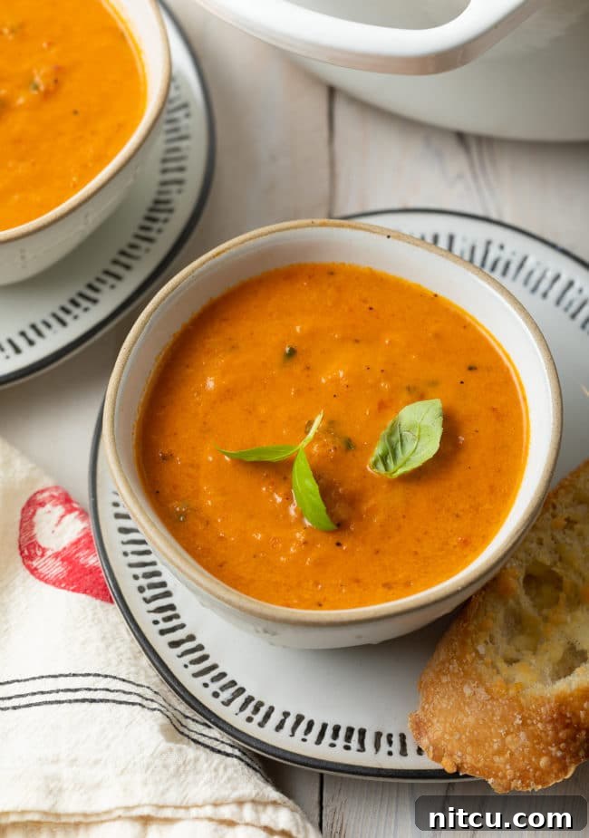 Velvety Roasted Tomato and Basil Soup 4 A bowl of creamy roasted tomato soup garnished with fresh basil sprigs, accompanied by a slice of crusty bread on the side.