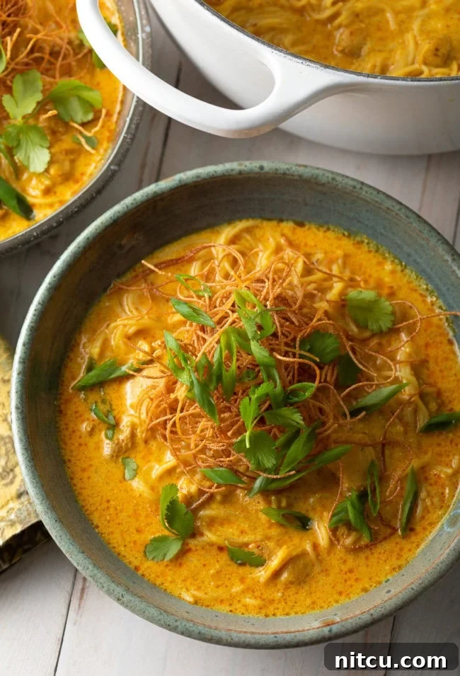Another perspective of a finished bowl of Khao Soi, emphasizing the rich broth and diverse toppings.