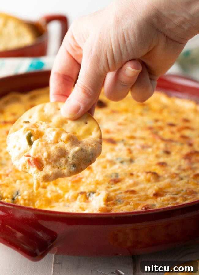 Fiery Cajun Shrimp Dip 13 Hand holding a cracker being dipped into hot shrimp dip.
