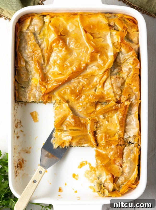 Savory Spinach Pie 2 Top view of a golden-brown Savory Cheese and Spinach Pie in a casserole dish, ready to be served, highlighting its crispy texture.