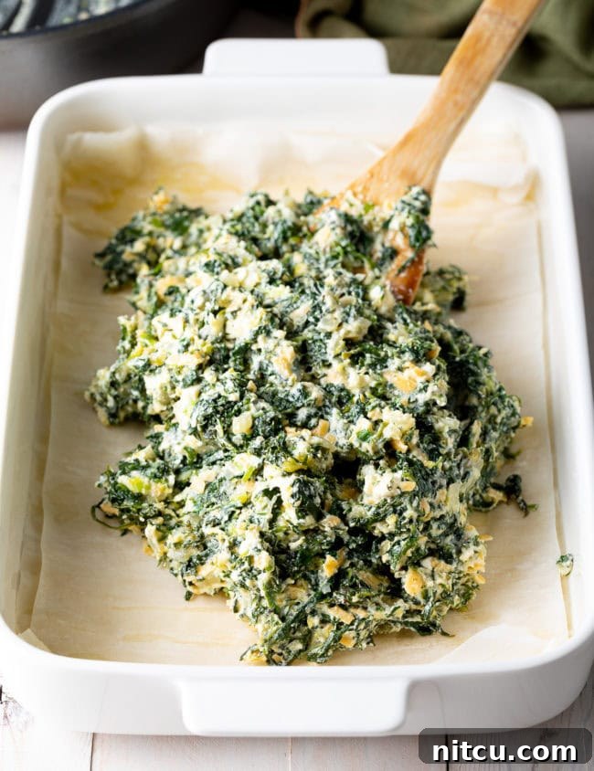Savory Spinach Pie 11 The savory spinach and cheese filling, rich with herbs, spread evenly over the golden phyllo base within a baking dish, ready for its top layer.