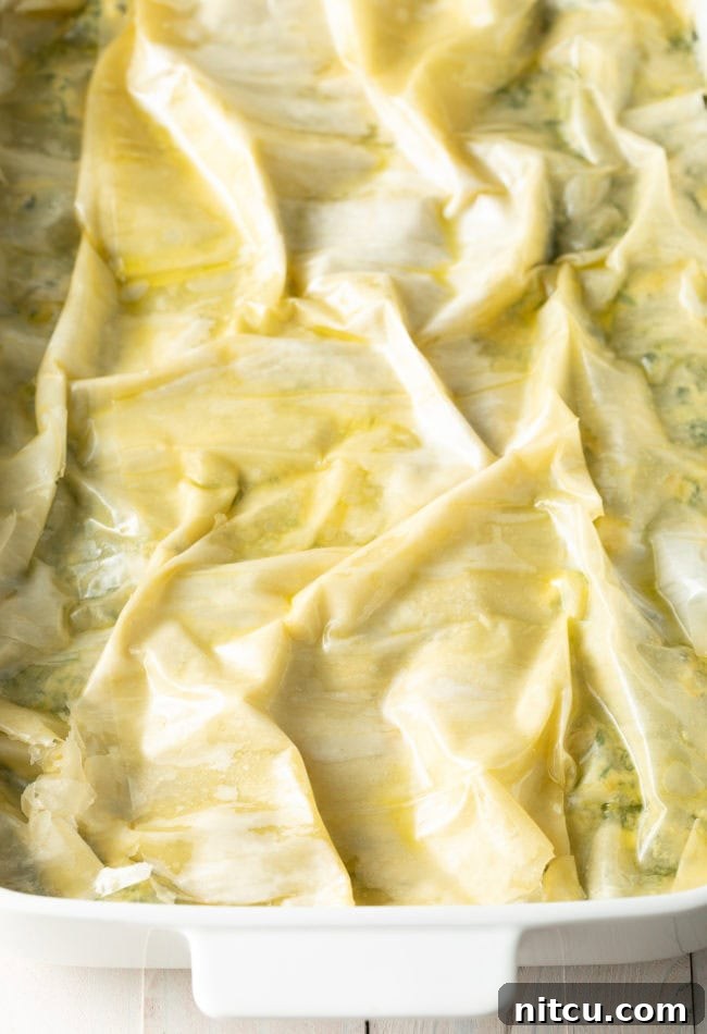 Savory Spinach Pie 13 A close-up of the spinach pie's signature crinkled, golden-brown phyllo crust, shimmering with ghee after baking, promising a delightful crunch.
