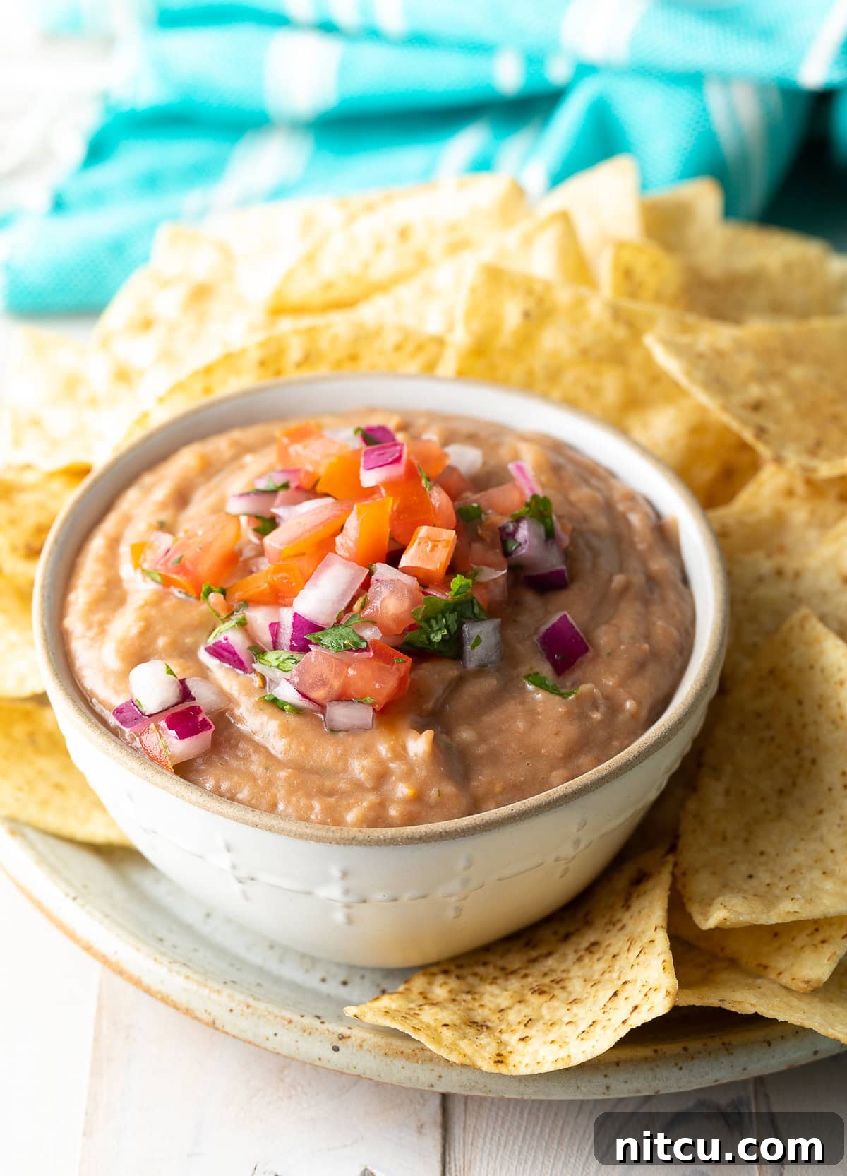 Ultimate Homemade Bean Dip 10 A pristine white bowl filled with creamy homemade bean dip, artfully garnished, positioned next to a rustic plate brimming with crunchy tortilla chips.