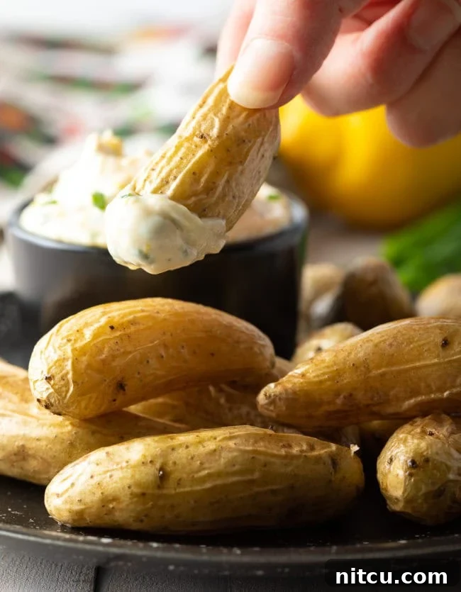 Enchanted Aioli 9 A hand dipping a fingerling potato into a bowl of aioli sauce on a plate with fingerlings.