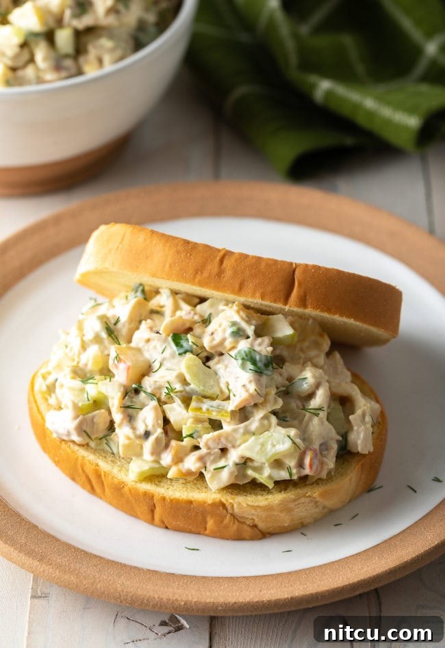 Southern Comfort Chicken Salad 6 Southern Chicken Salad on a sandwich on a plate.