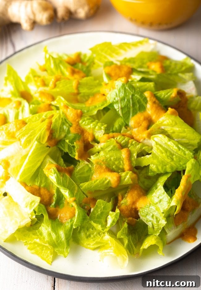 Vibrant Ginger Sesame Dressing 4 Ginger Salad Dressing on lettuce served on a plate. A fresh, inviting salad with a generous drizzle of homemade Japanese Ginger Dressing.