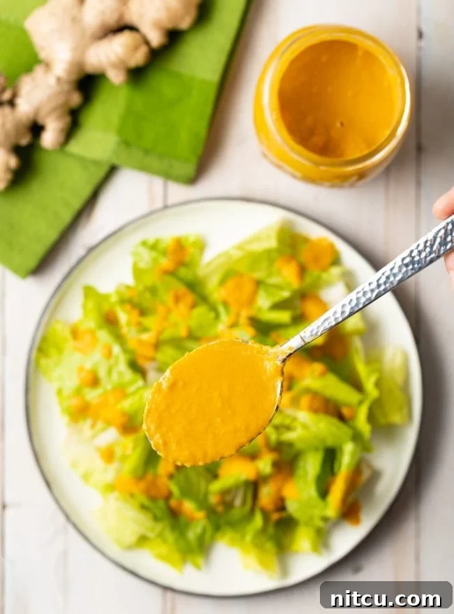Vibrant Ginger Sesame Dressing 8 Closeup of spoon to camera filled with dressing. A spoon artfully displays the creamy, perfectly blended Japanese Ginger Dressing.