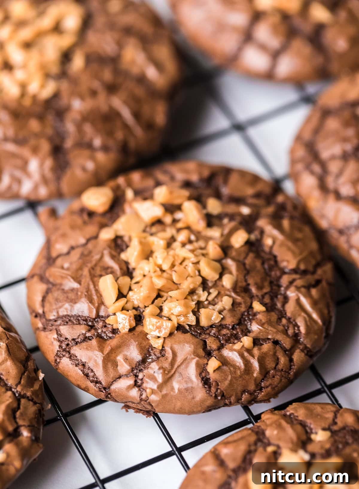 Toffee Fudge Cookies 7 close up of Brownie Cookie on rack