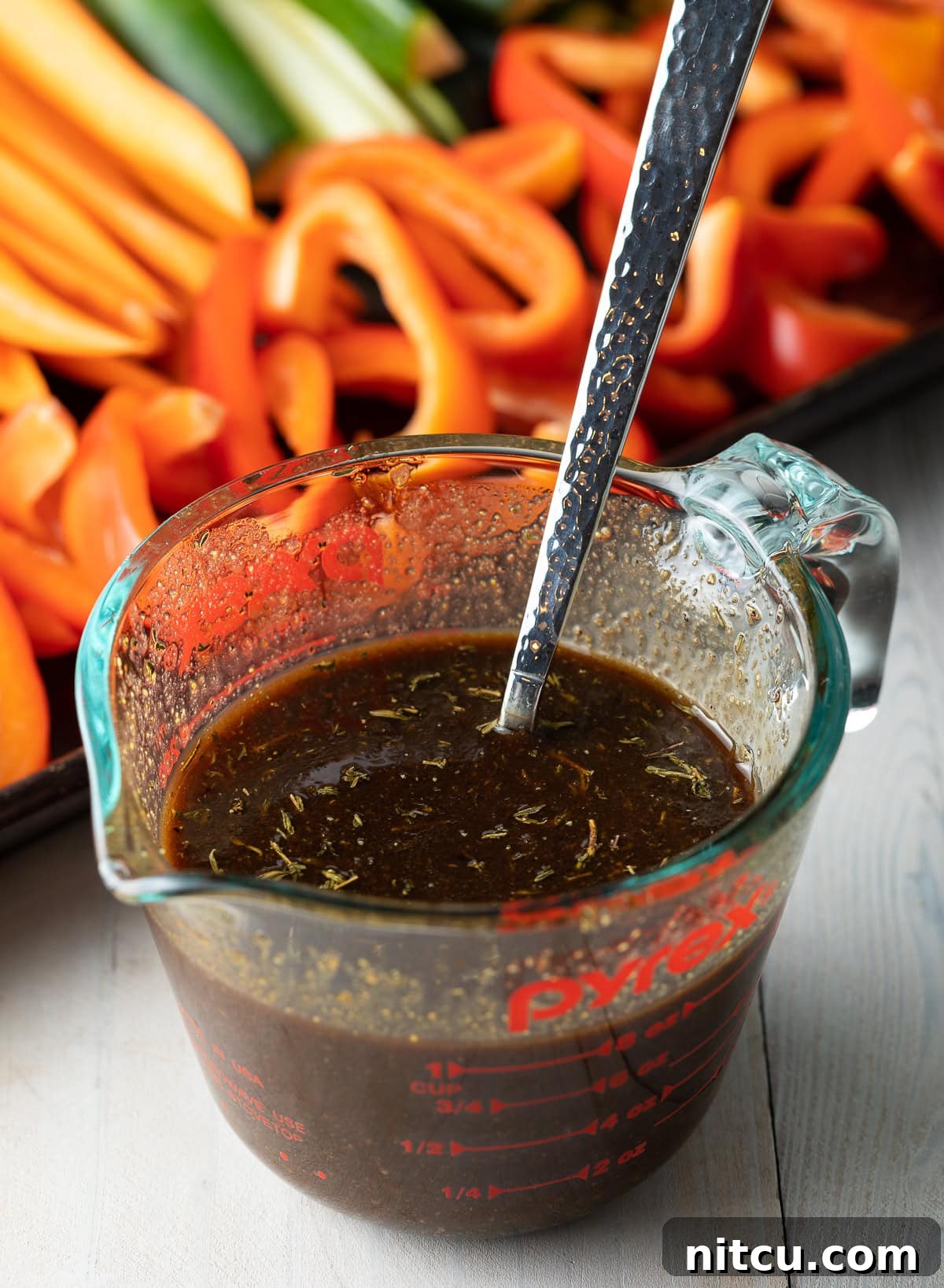 Perfect Grilled Vegetable Marinade 6 Mixing the grilled vegetable marinade ingredients in a small pitcher until smooth.