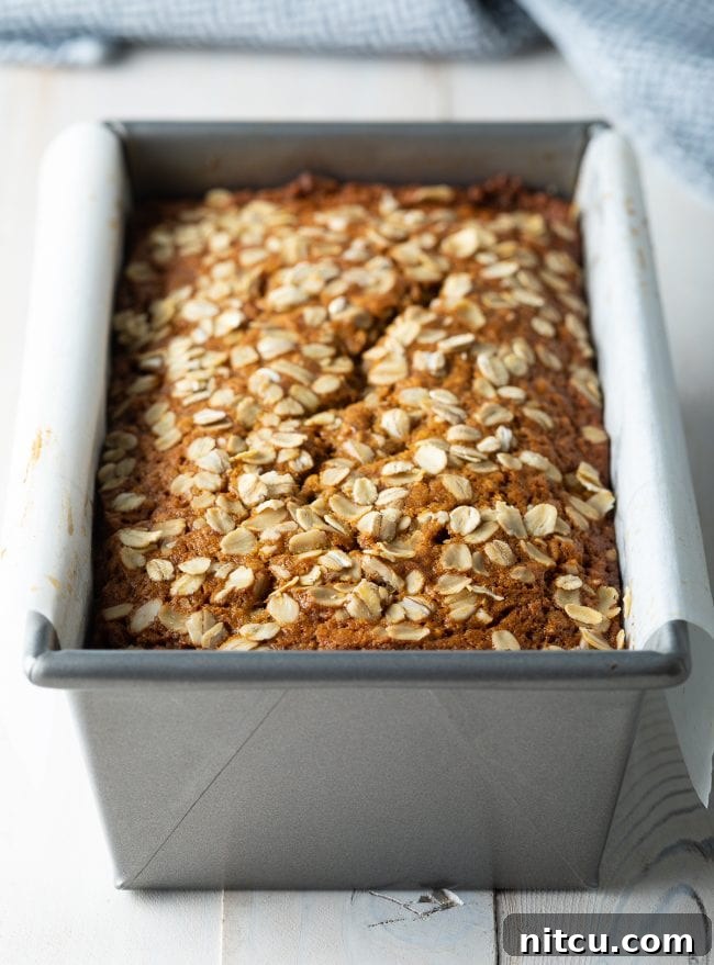 Wholesome Oat & Banana Loaf 11 The golden-brown, beautifully baked banana oatmeal bread, freshly out of the oven.