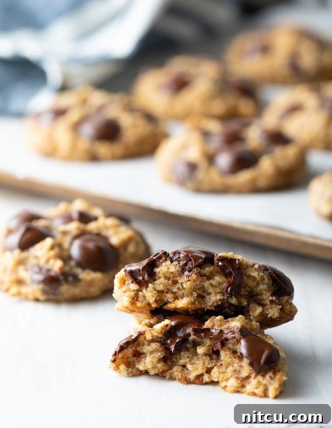 Banana Bread Bliss Chocolate Chip Cookies 11 Banana oat cookie broken in half and stacked on top of each other.