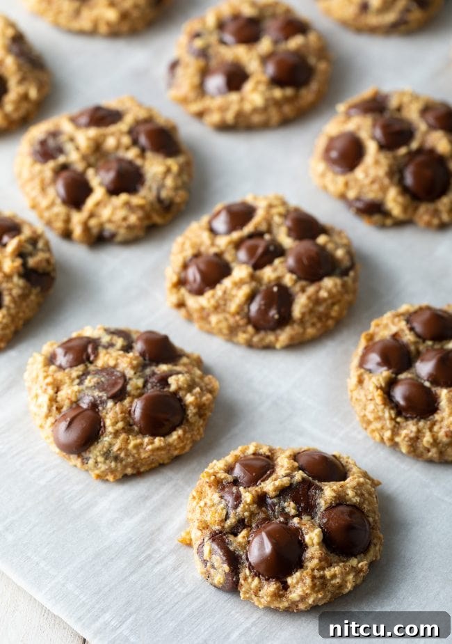 Banana Bread Bliss Chocolate Chip Cookies 4 Banana oatmeal cookies lined up on a baking sheet.