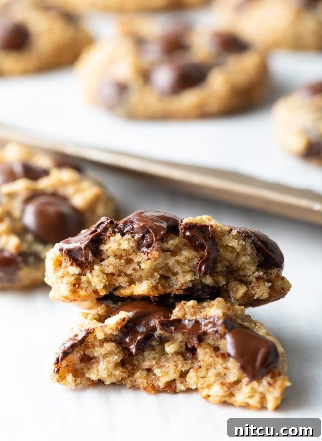 Banana Bread Bliss Chocolate Chip Cookies 5 Banana bread cookies with oatmeal and chocolate chips halved and stacked on top of each other.