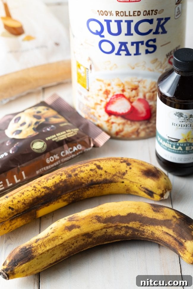 Banana Bread Bliss Chocolate Chip Cookies 6 Ingredients needed for banana oatmeal cookies.