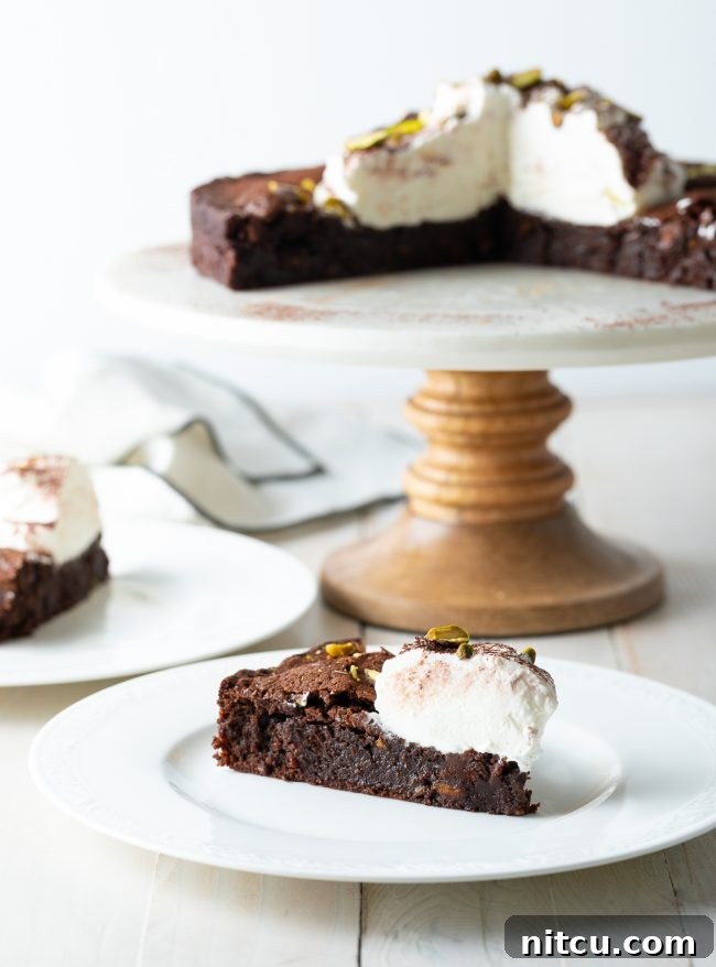 Gluten Free Flourless Fudgy Chocolate Brownie Cake 2 flourless chocolate brownie cake -sliced on plate