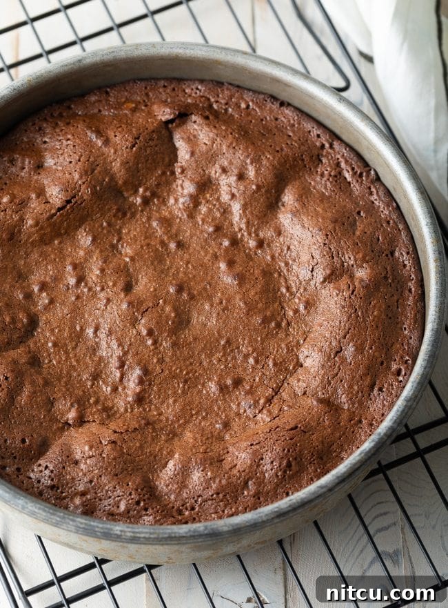 Gluten Free Flourless Fudgy Chocolate Brownie Cake 7 baked chocolate brownie cake in pan