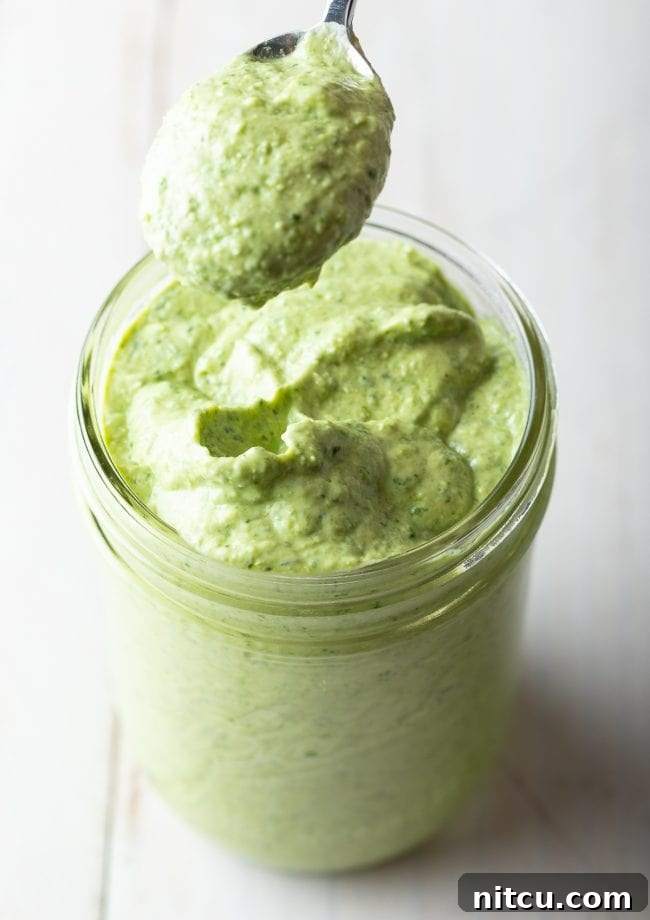 Velvety Pesto Perfection 4 A clear glass jar brimming with smooth, green pesto cream sauce, with a spoon gently scooping a portion from its luscious surface.