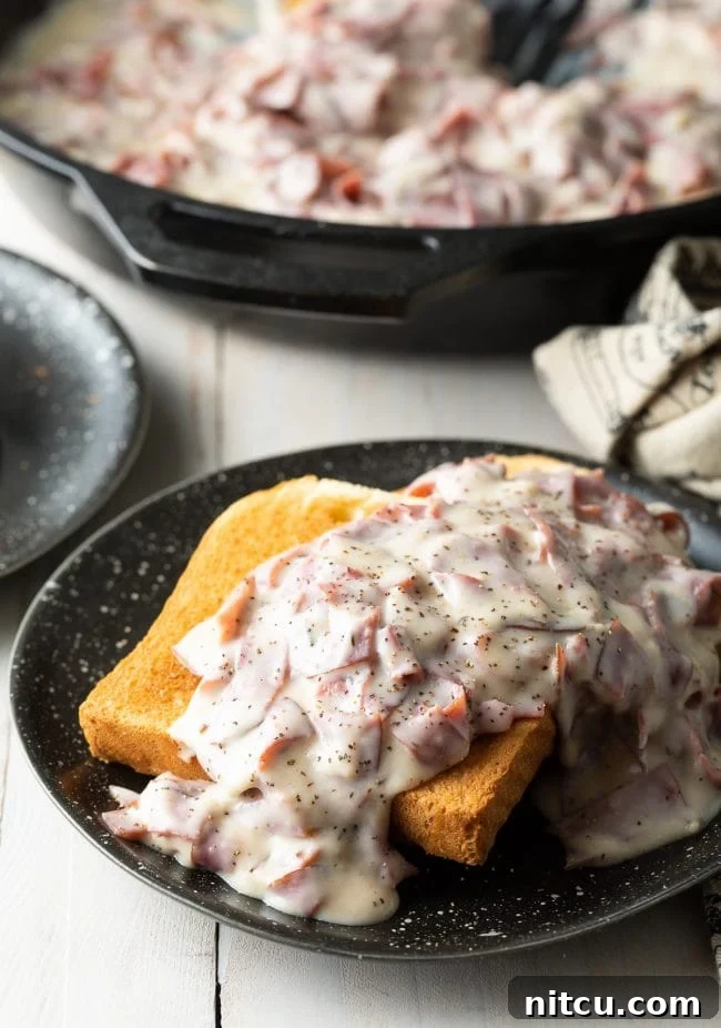 Classic Creamed Beef Toast 2 Creamed chipped beef on toast served on a black plate, garnished with fresh parsley.