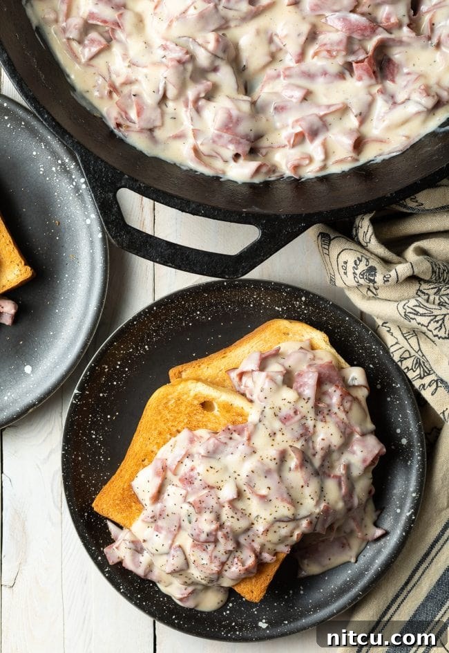 Classic Creamed Beef Toast 3 Two slices of golden toast lavishly topped with creamy chipped beef gravy on a black plate.