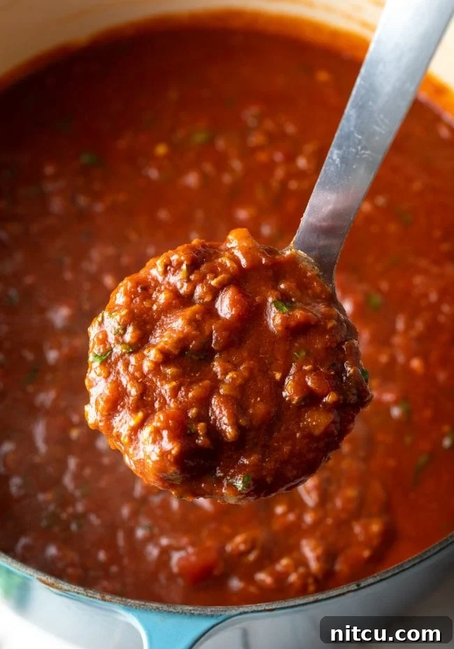 The Ultimate Spaghetti and Meat Sauce 3 Meat sauce in a pot with a ladle scooping up a serving.