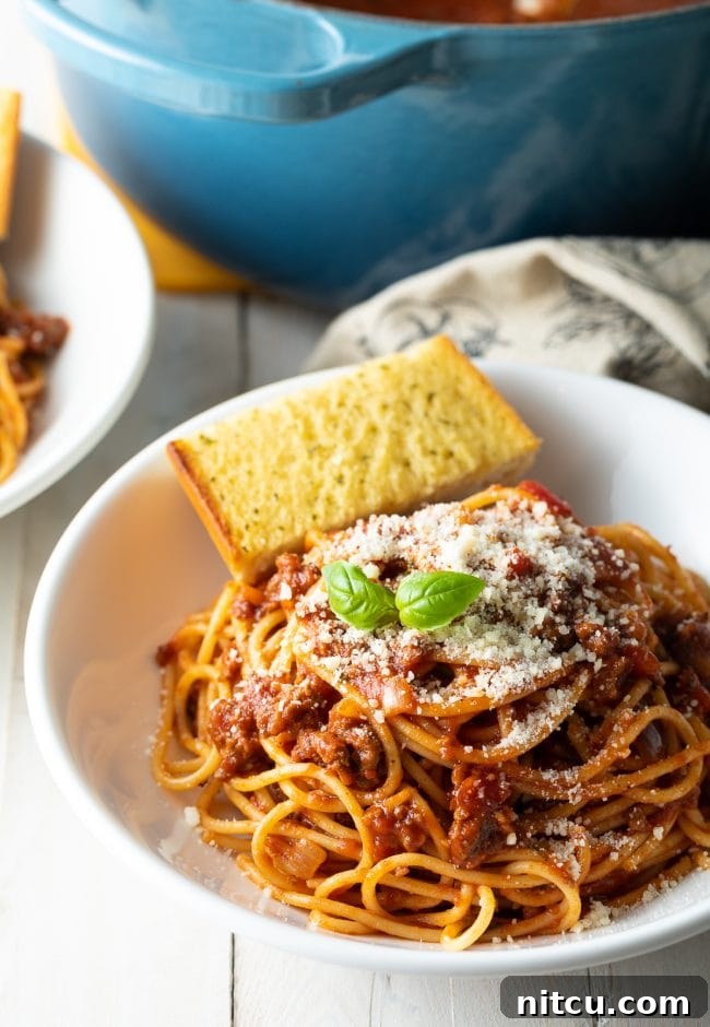 The Ultimate Spaghetti and Meat Sauce 8 Spaghetti served with parmesan and basil on top.